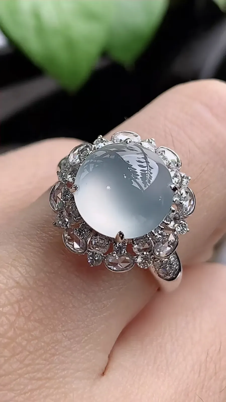 a货翡翠老坑冰种18K金伴钻镶嵌白月光蛋面戒指 圈口17.5裸石尺寸10.2mm 重量4.66g 1205