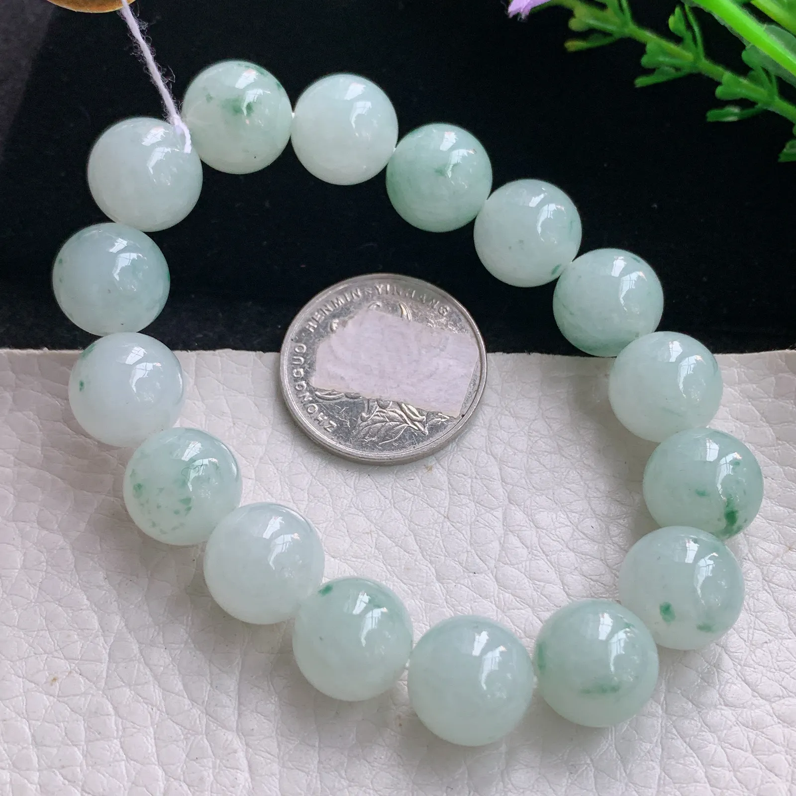 ss自然光12.6mm天然缅甸翡翠a货冰飘花圆珠玉手链  玉手串