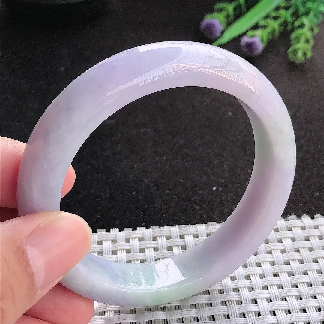 天然A货翡翠55/12.5/8.5老坑秀气温润紫罗兰手镯宽边玉镯