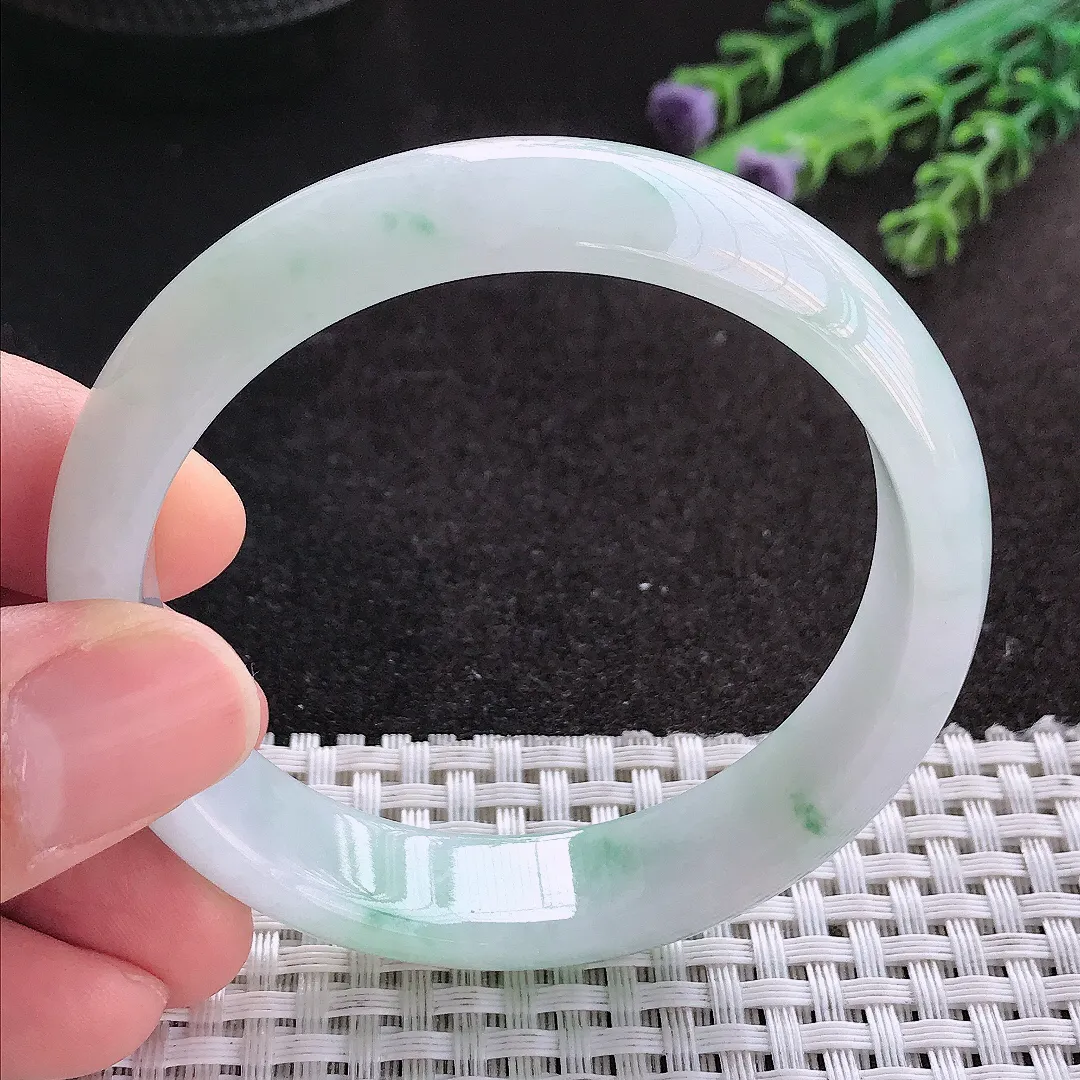 天然A货翡翠55/13.5/7.2老坑冰润水灵飘花手镯宽边玉镯