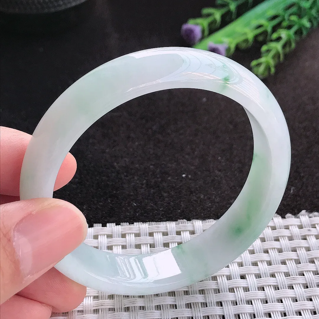 天然A货翡翠55/13.5/7.2老坑冰润水灵飘花手镯宽边玉镯