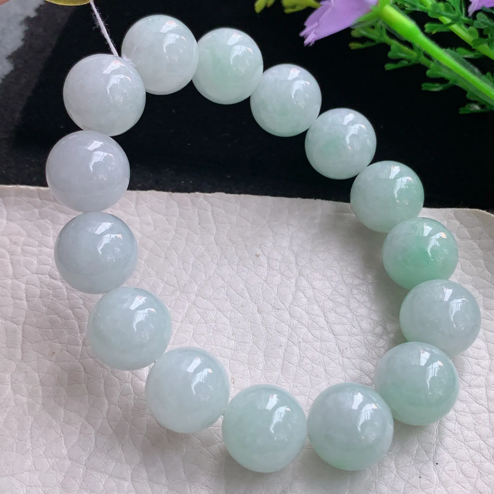 ss自然光15mm天然缅甸翡翠a货大颗粒浅绿圆珠玉手链  玉手串