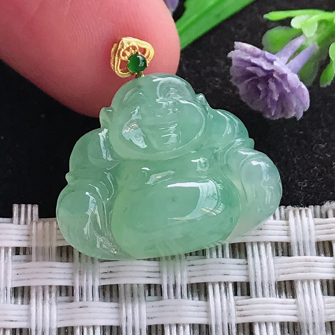 天然A货翡翠17.3/21.6/6老坑18k金镶嵌冰晴绿小佛公吊坠翡翠玉挂件