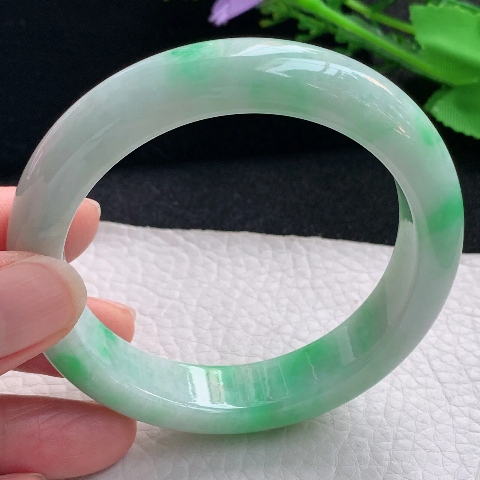 ss自然光57*13.2*9平安镯 缅甸翡翠a货玉手镯飘绿宽边玉手环