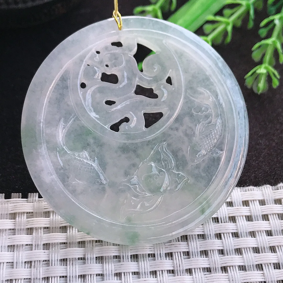 天然A货翡翠54.7/6老坑冰透果冻胶镂空连年有余吊坠翡翠玉挂件