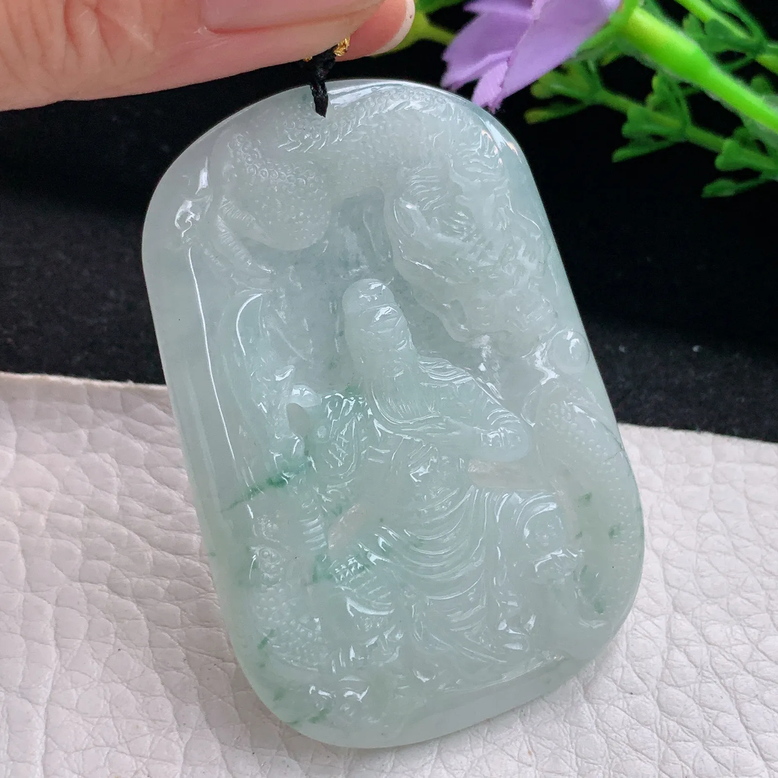 kh实拍57.8*39.5*5.2缅甸翡翠飘花御龙关公 玉观音玉吊坠 玉挂件