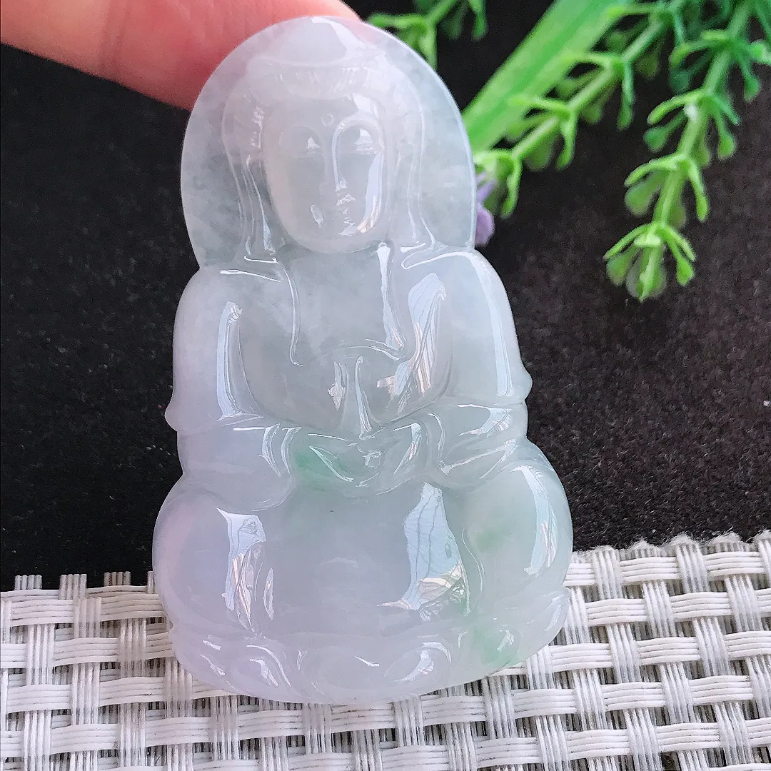 天然A货翡翠63/38.5/5.6老坑冰润起胶正装观音吊坠翡翠玉挂件