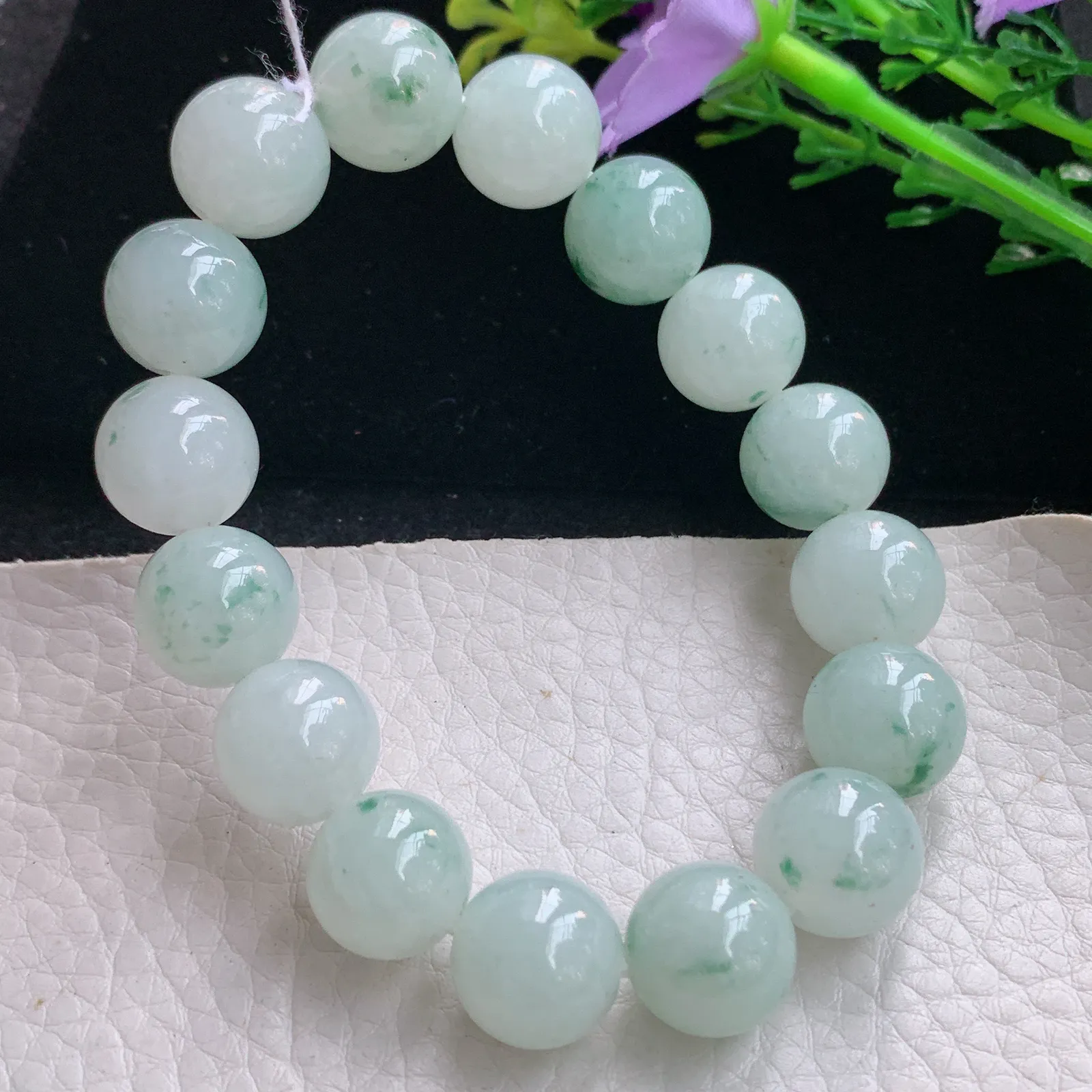 ss自然光12.6mm天然缅甸翡翠a货冰飘花圆珠玉手链  玉手串
