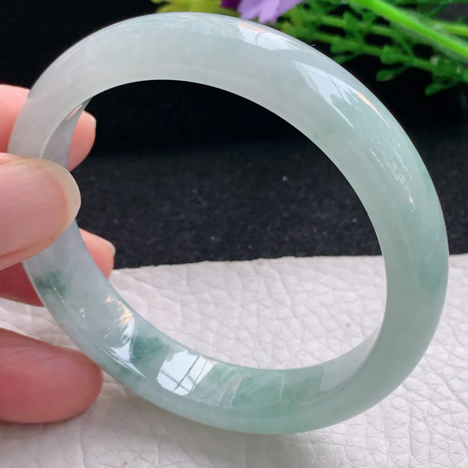 xx自然光55*12.5*7.2平安镯 缅甸翡翠a货玉手镯冰飘花宽边玉手环