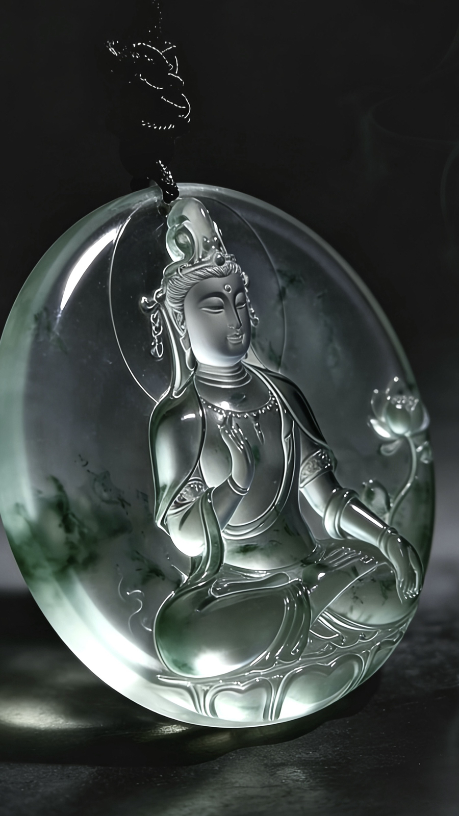 【观自在·妙法莲华】，观音菩萨，
缅甸天然A货翡翠料子，
作品48.6-48.6-6.5mm，