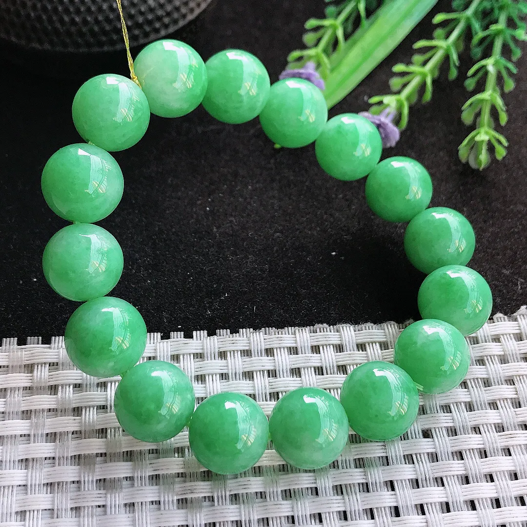 天然A货翡翠12.8/16颗老坑精美温润满阳绿苹果绿手链玉串
