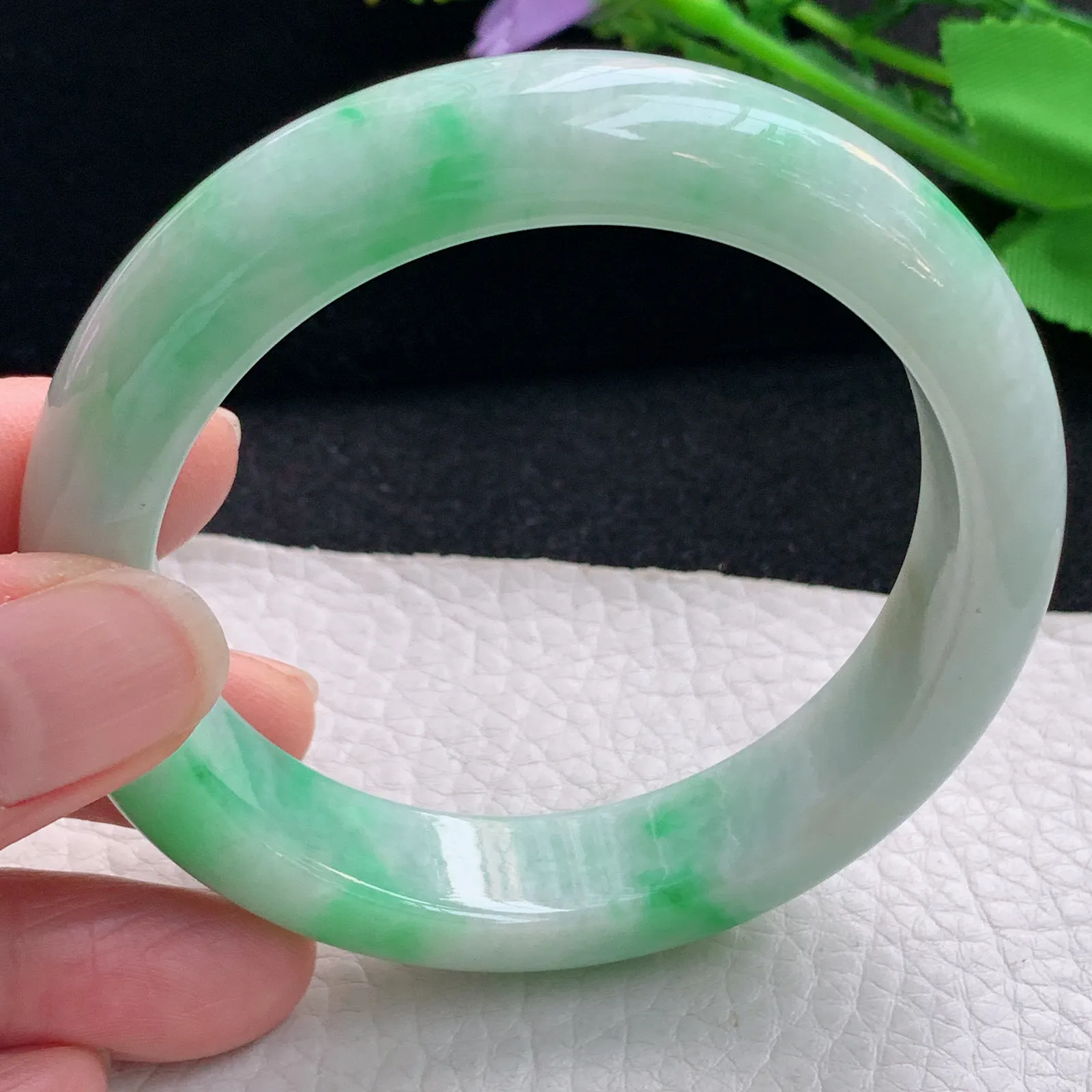 ss自然光57*13.2*9平安镯 缅甸翡翠a货玉手镯飘绿宽边玉手环