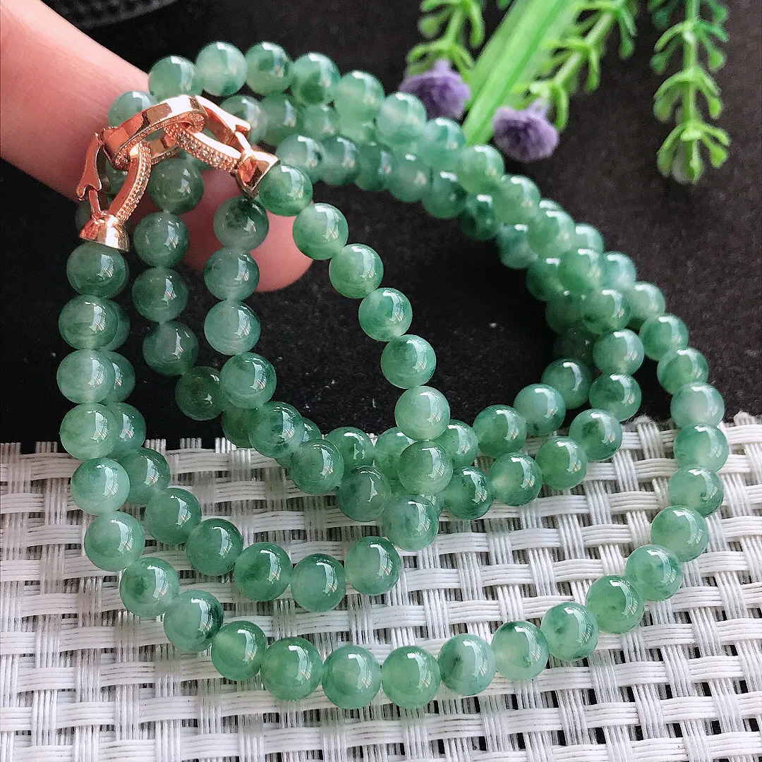 天然A货翡翠6.2/10.7颗老坑冰润起胶飘花圆珠项链翡翠玉珠手链