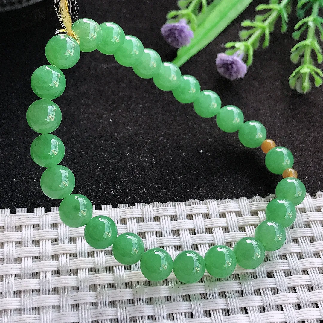 天然A货翡翠7.5/26颗老坑冰润起胶满绿阳绿手链翡翠玉珠手串