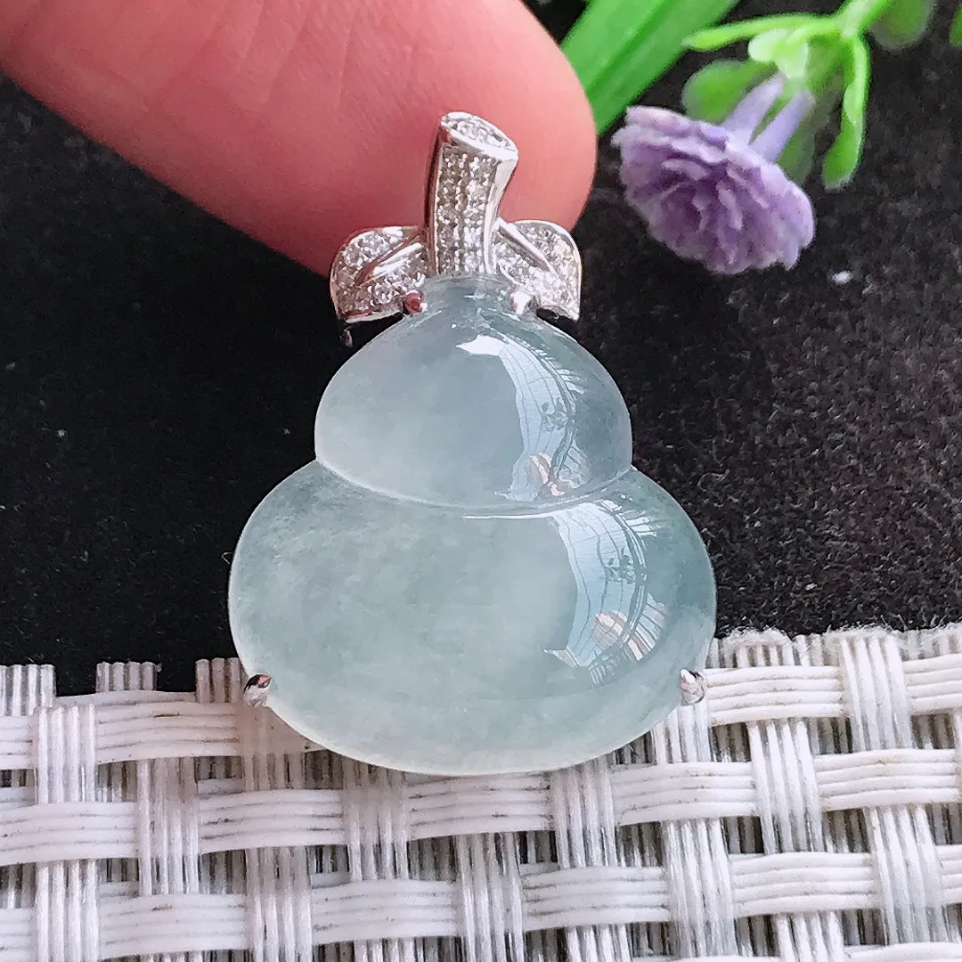 天然A货翡翠26.7/19.5/8.3老坑18k金镶嵌冰种葫芦吊坠翡翠玉挂件