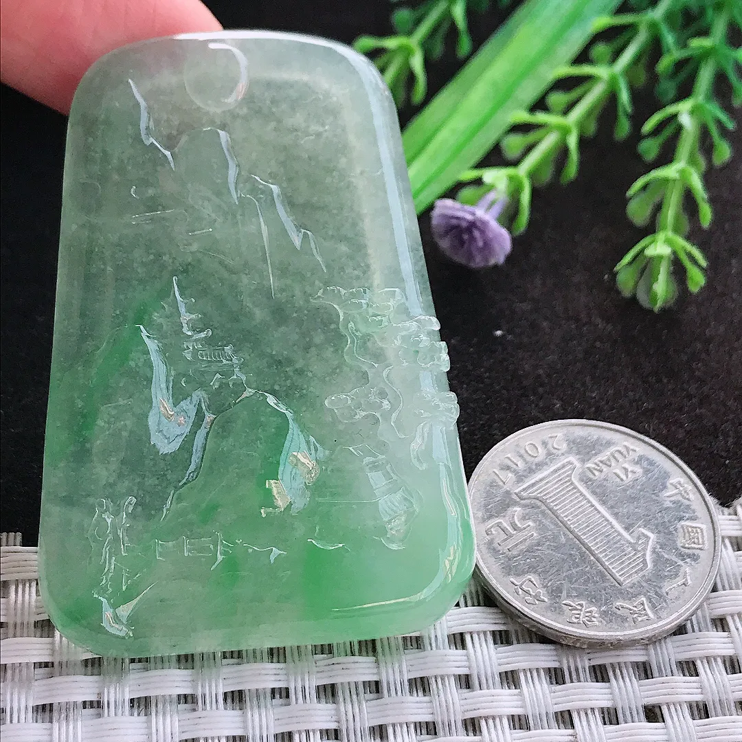 天然A货翡翠57.3/39.7/5.6老坑冰透果冻胶冰晴阳绿山水牌吊坠翡翠玉挂件