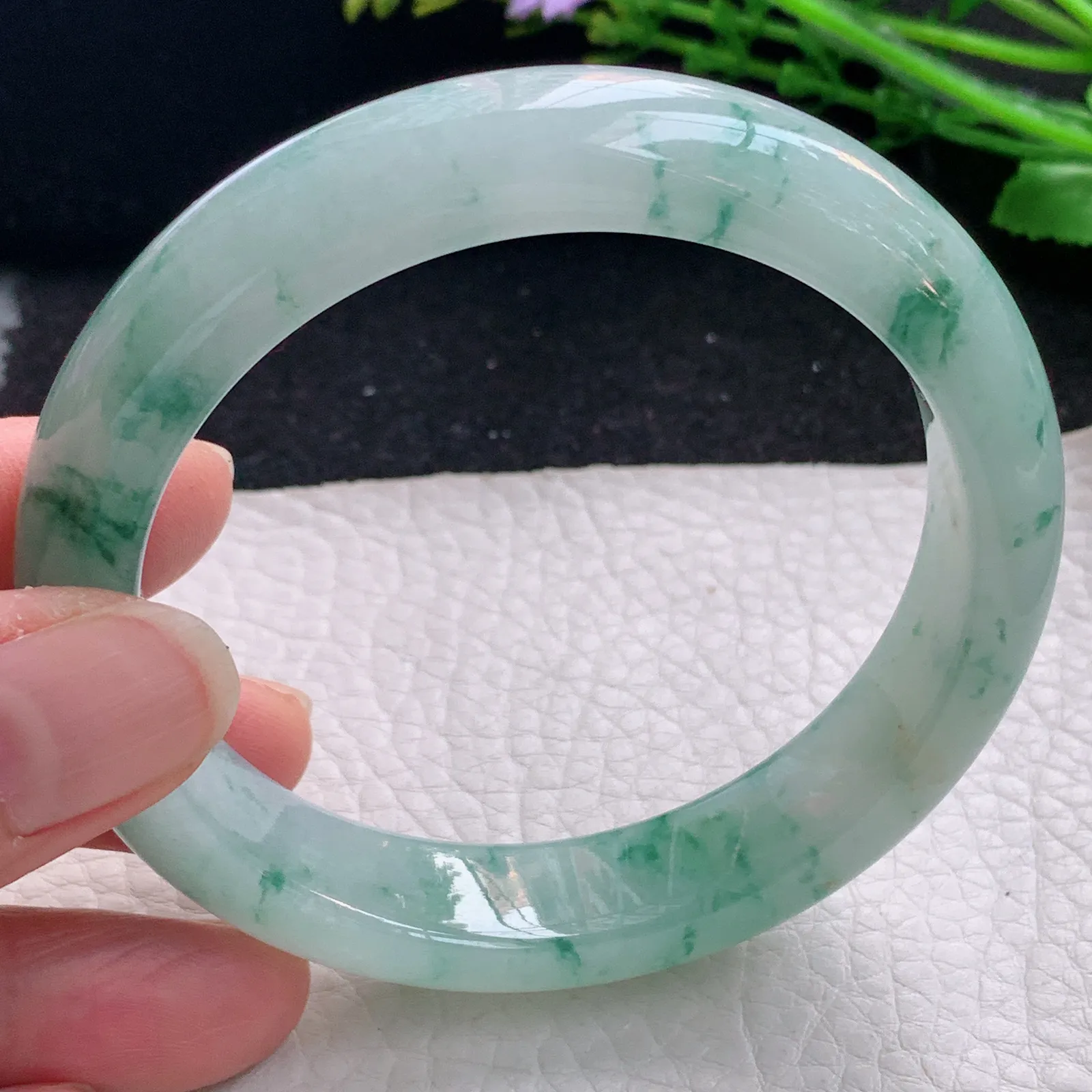 js自然光59.5*13.2*8.5平安镯 缅甸翡翠a货玉手镯冰飘花宽边玉手环