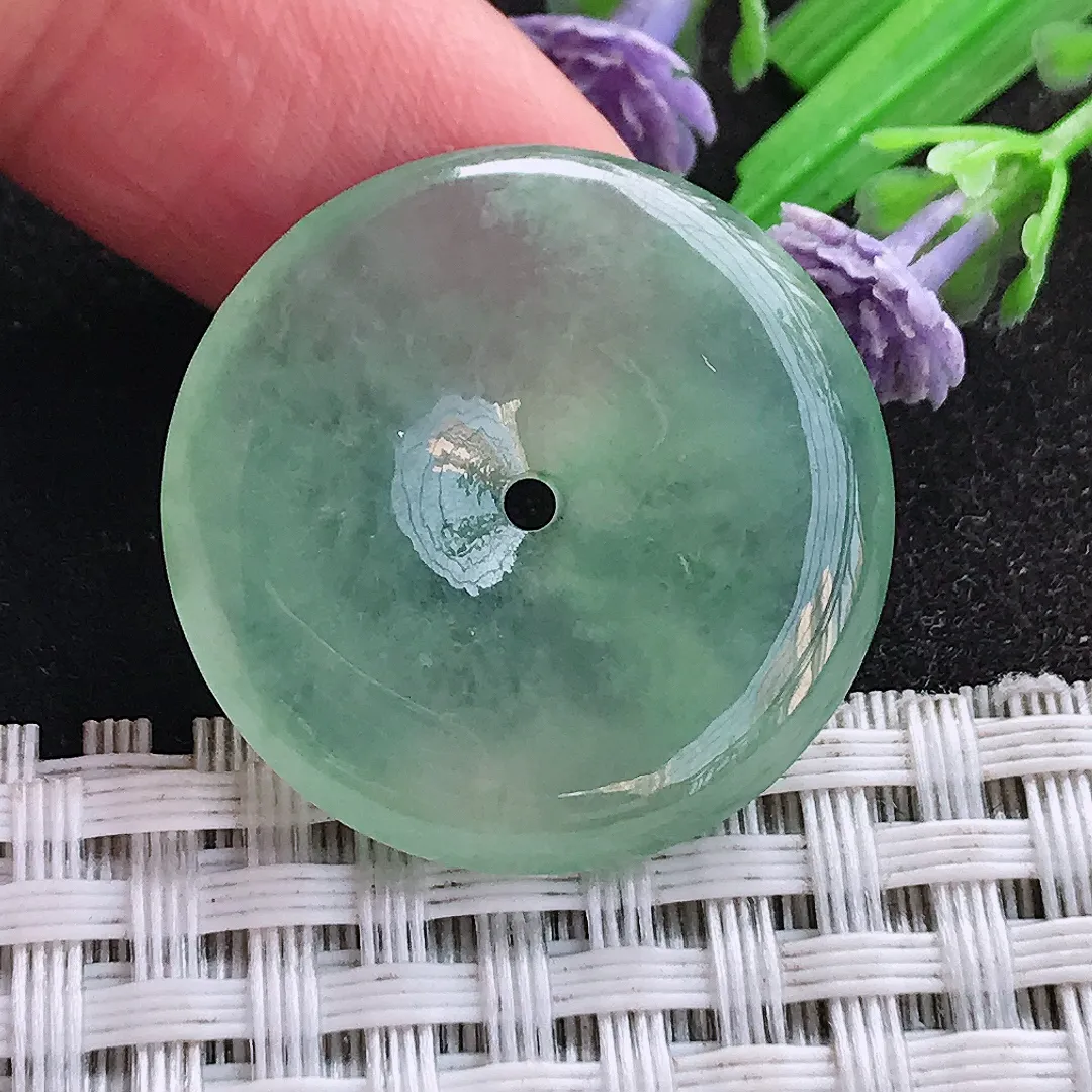 天然A货翡翠26.8/4.7老坑冰种果冻胶冰晴绿平安扣吊坠翡翠玉挂件