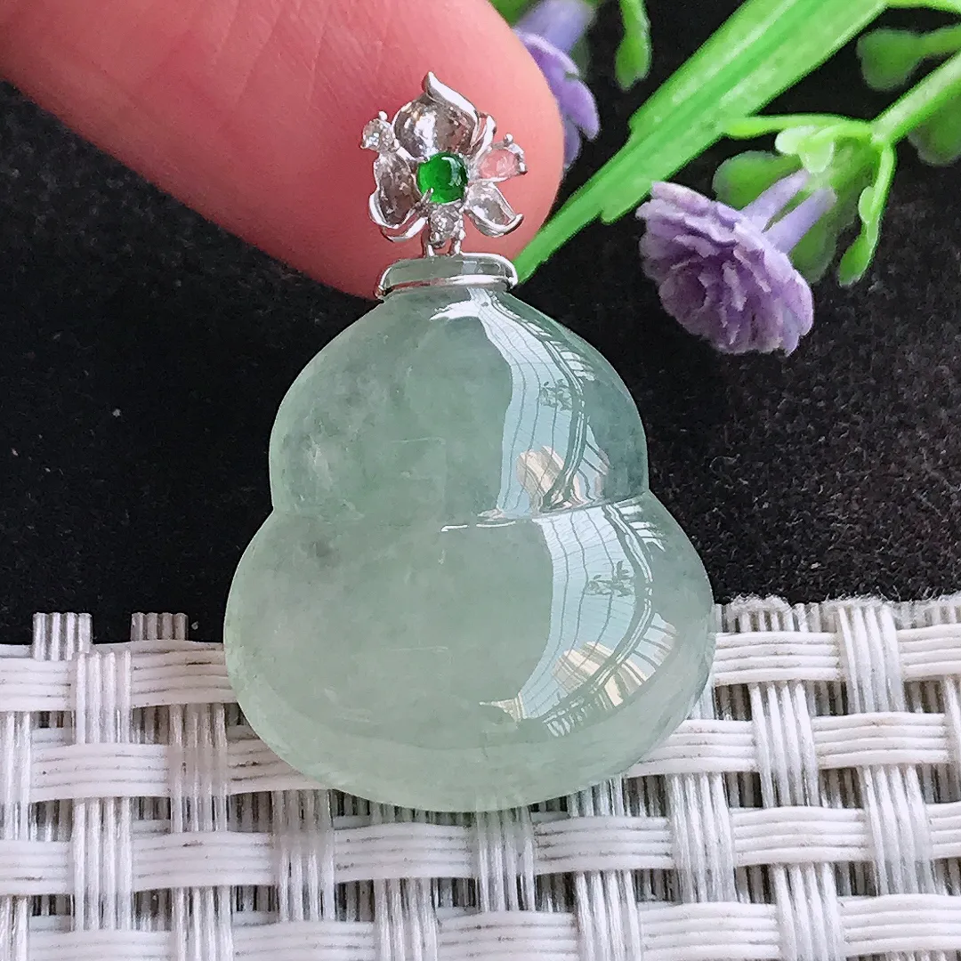 天然A货翡翠23/20.7/6.1老坑18k金镶嵌冰透起胶冰晴绿葫芦吊坠翡翠玉挂件