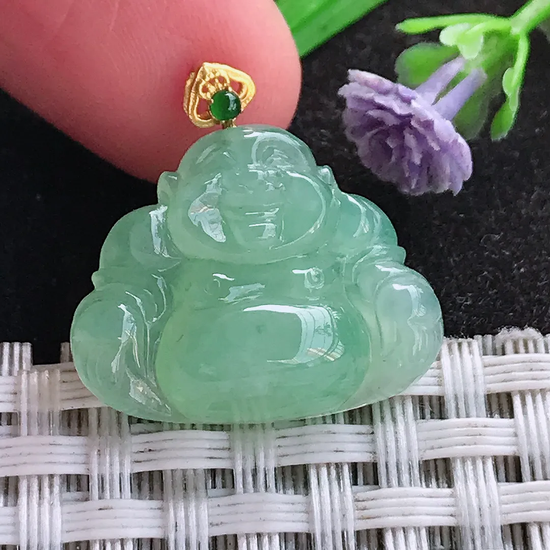 天然A货翡翠17.3/21.6/6老坑18k金镶嵌冰晴绿小佛公吊坠翡翠玉挂件