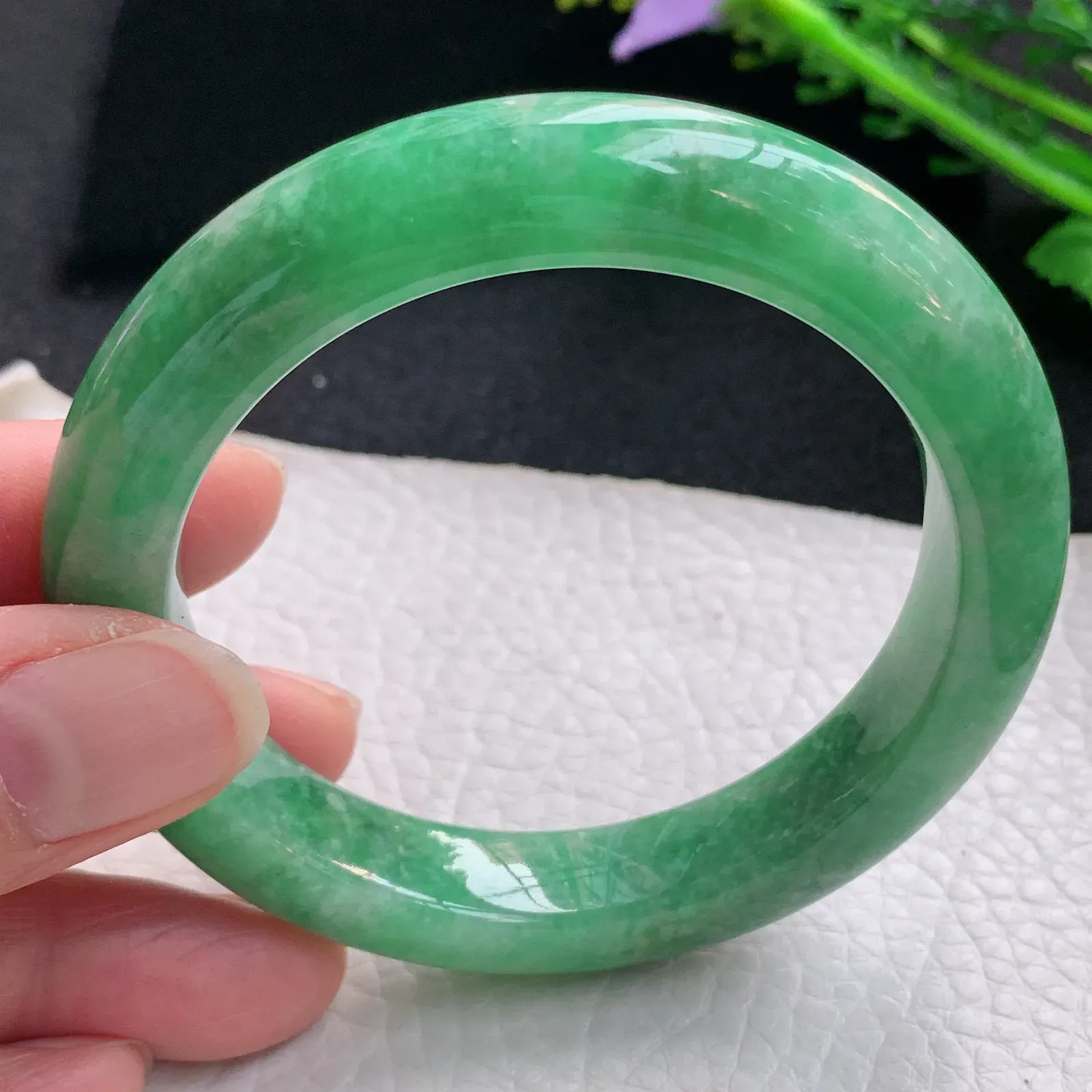 n自然光55.5*11.5*9.5平安镯 缅甸翡翠a货玉手镯满绿宽边玉手环