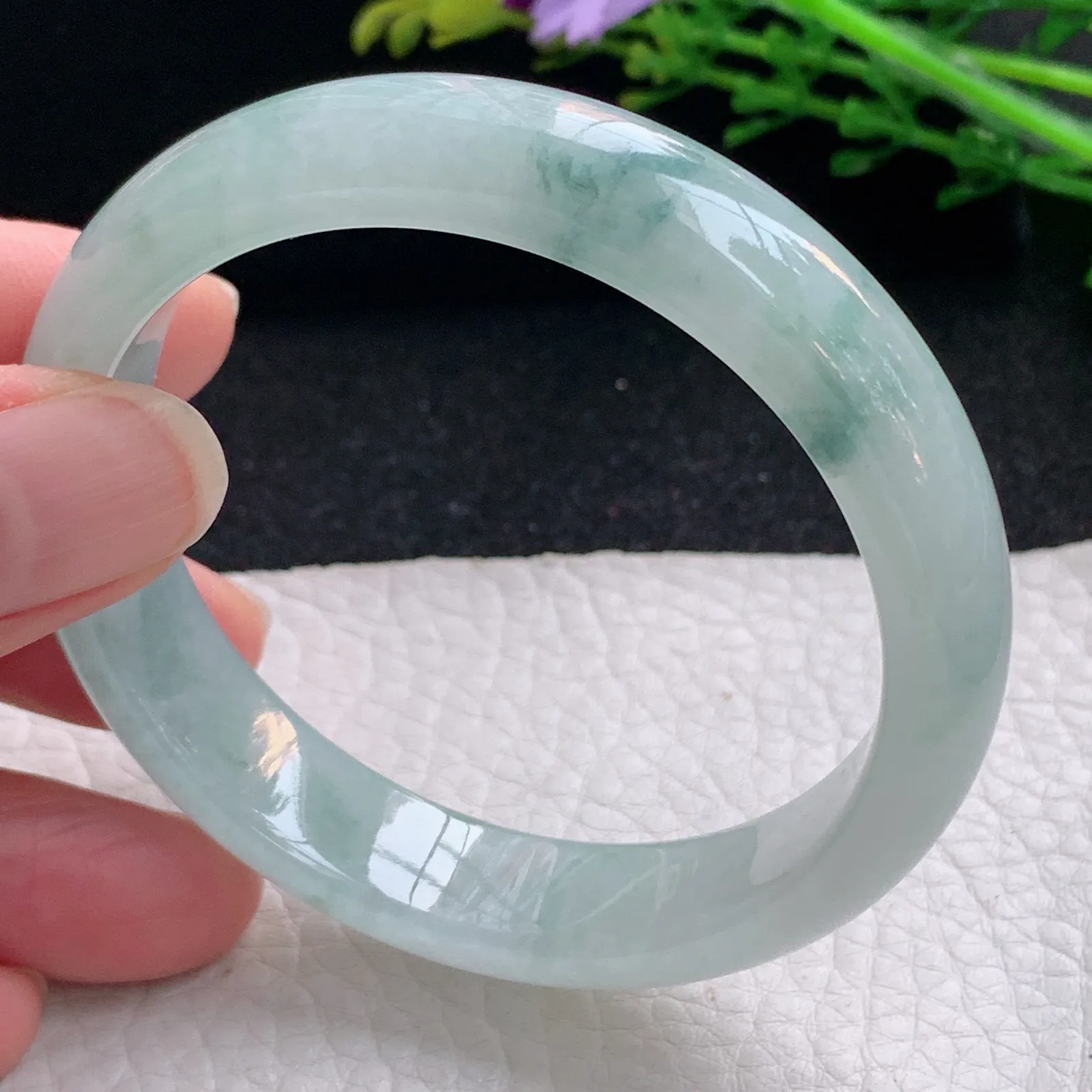 xx自然光55*12.5*7.2平安镯 缅甸翡翠a货玉手镯冰飘花宽边玉手环
