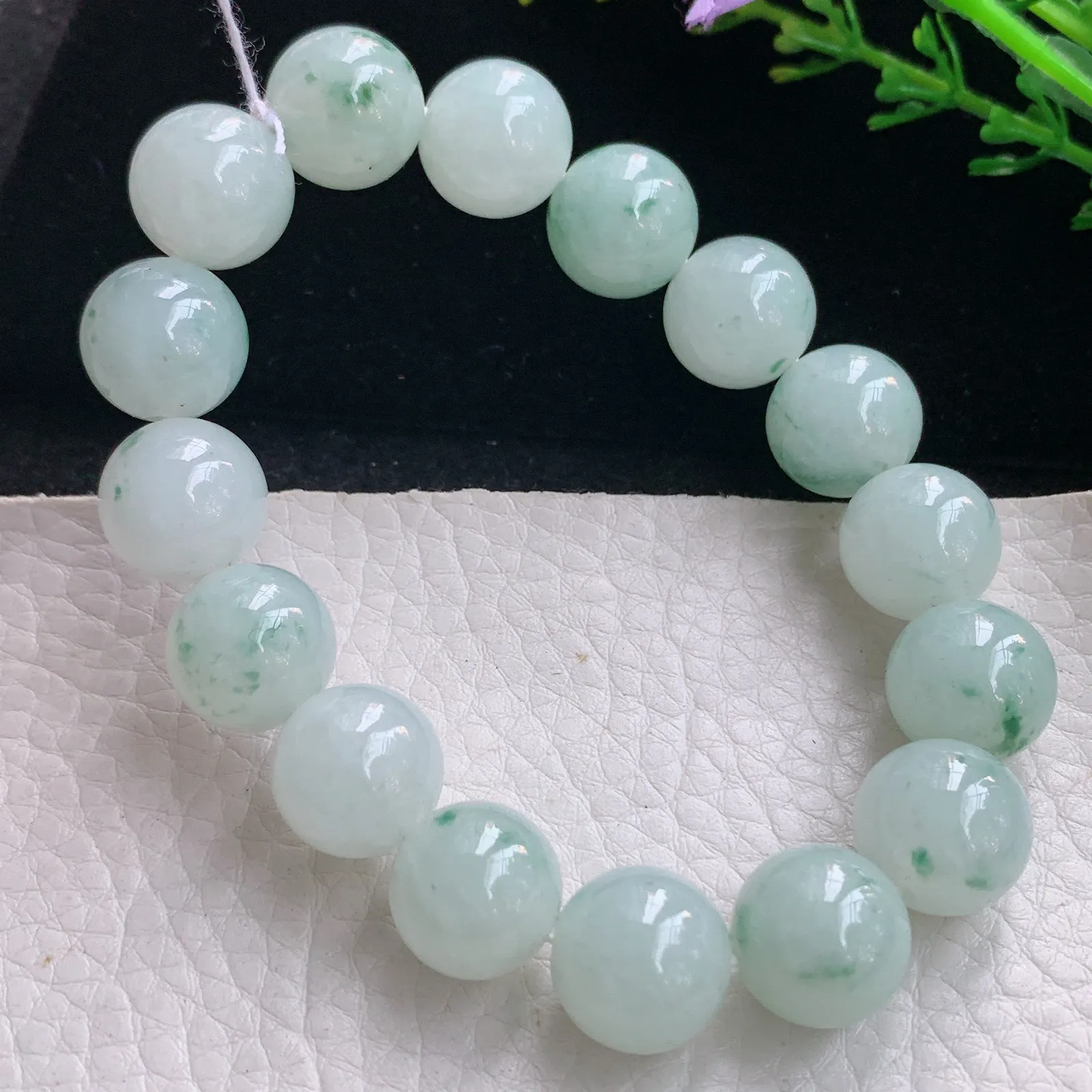 ss自然光12.6mm天然缅甸翡翠a货冰飘花圆珠玉手链  玉手串