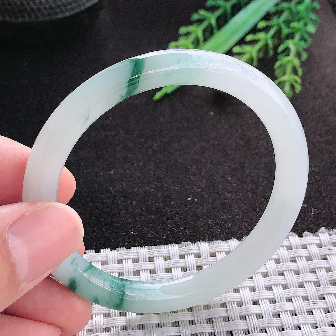 天然A货翡翠51.5/7.4/7.6老坑冰润起胶飘花圆条手镯小圈口细条玉镯