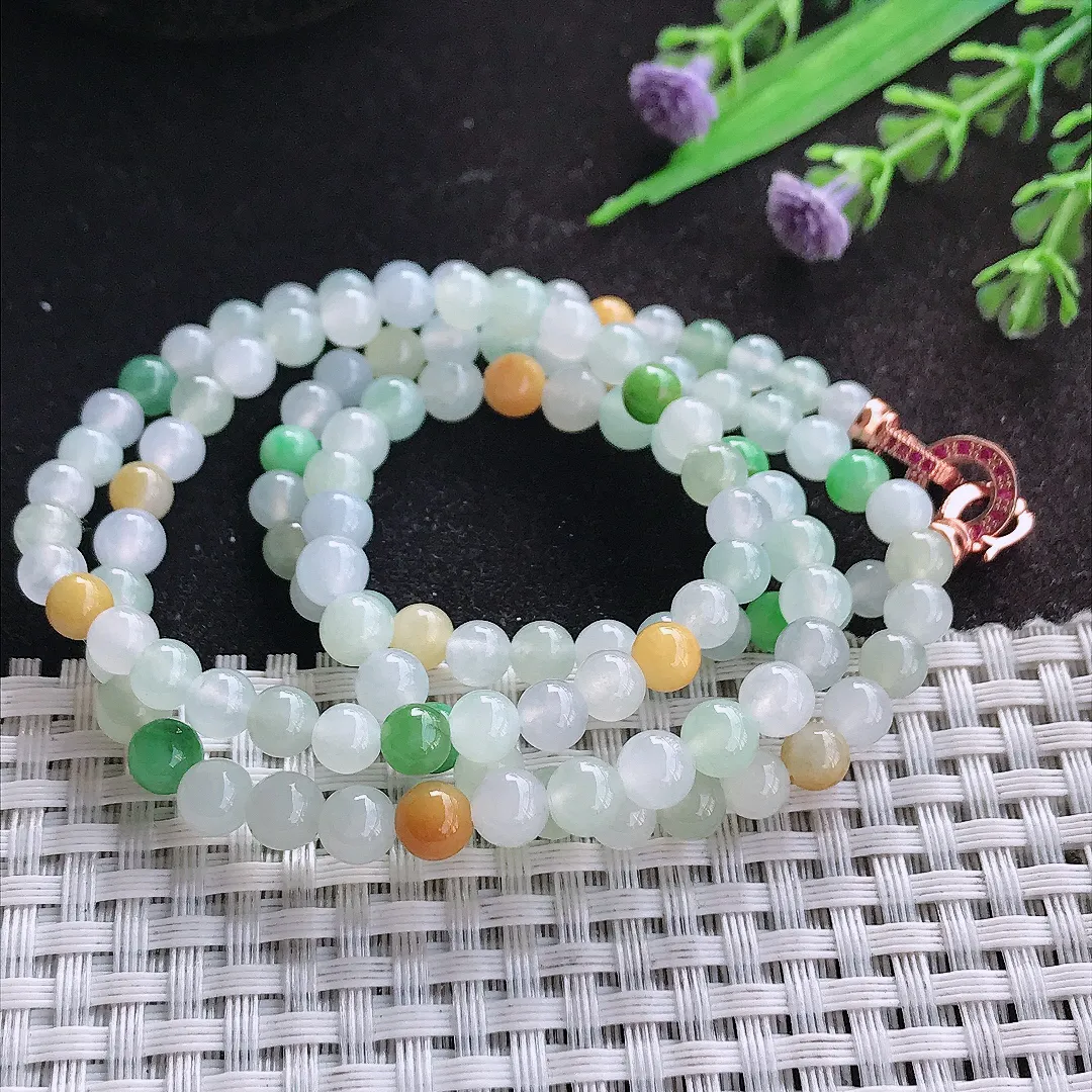 天然A货翡翠5.8/11.8颗老坑冰润水灵三彩圆珠项链翡翠玉珠