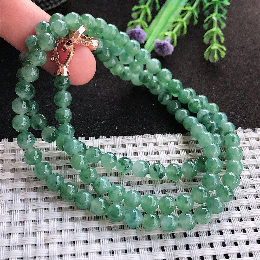 天然A货翡翠6.2/10.7颗老坑冰润起胶飘花圆珠项链翡翠玉珠手链