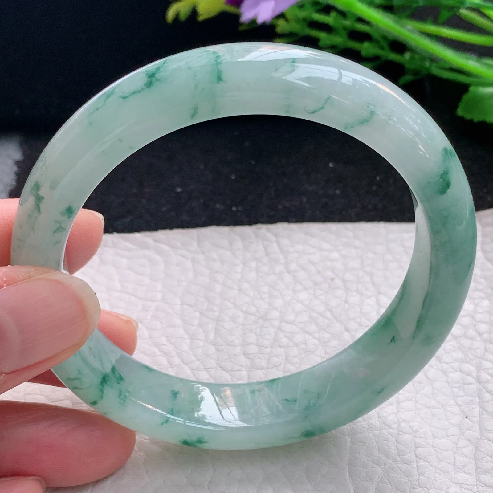 js自然光59.5*13.2*8.5平安镯 缅甸翡翠a货玉手镯冰飘花宽边玉手环