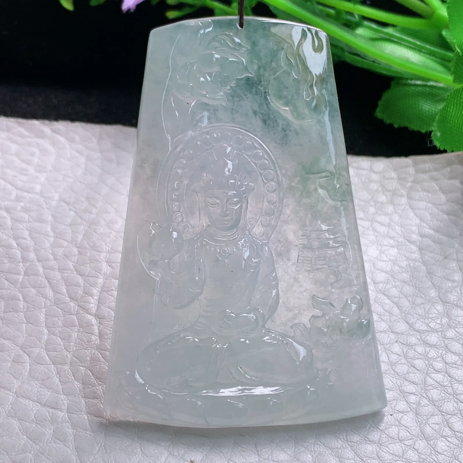 gp实拍65.5*44*5.6翡翠a货精雕冰润山水观音 玉观音玉吊坠 玉挂件