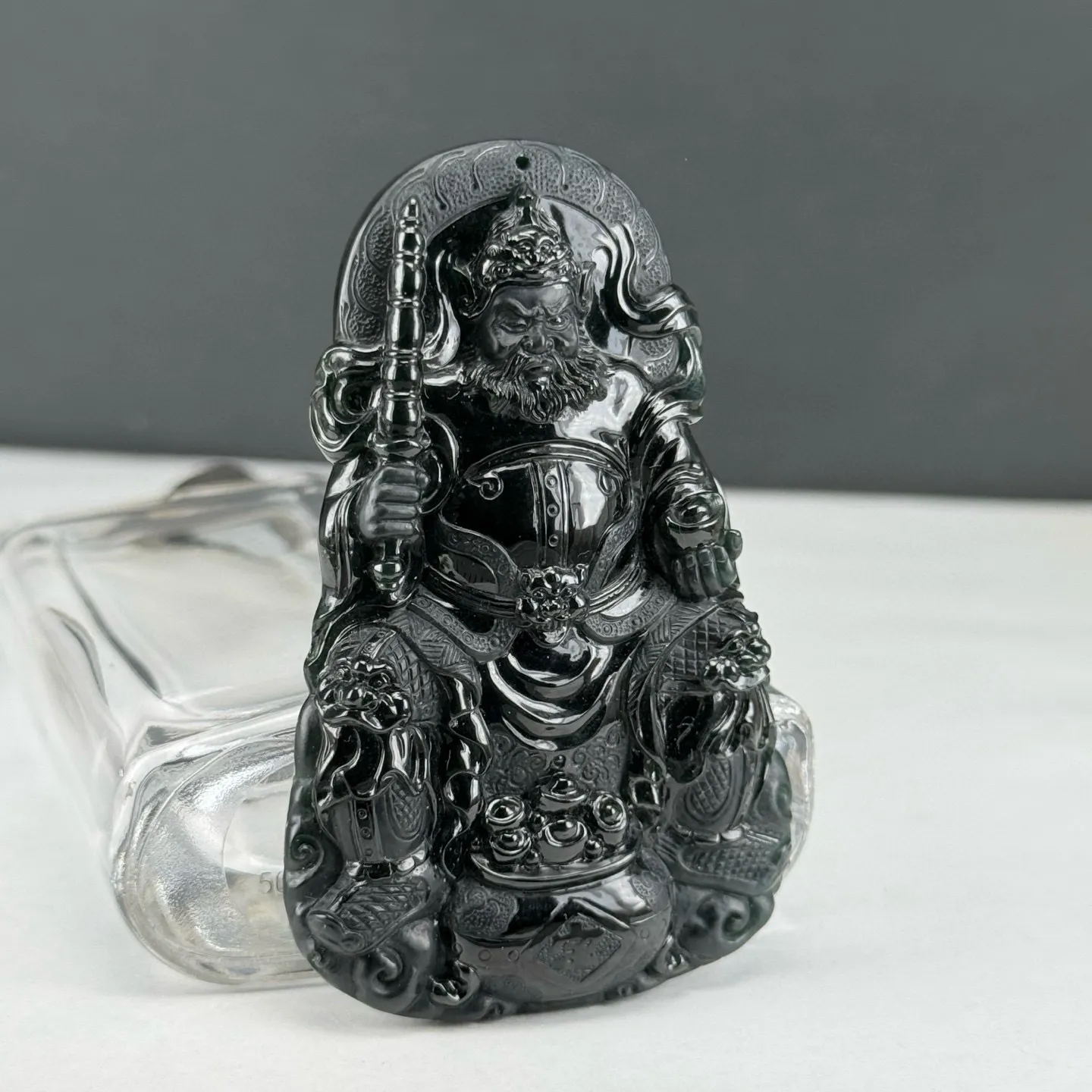 精品墨翠财神爷 赵公明 种好色正 黑度极好 打灯通透 油性十足 尺寸70.2
