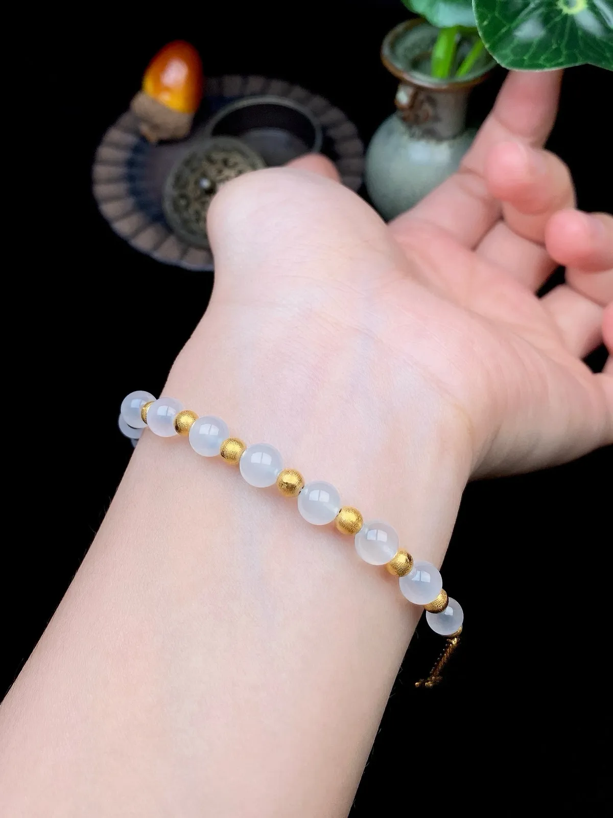 【冰种珠子手链】颗颗冰透，饱满圆润，光泽闪耀，流行款，18K金珠搭配，直径6.3毫米