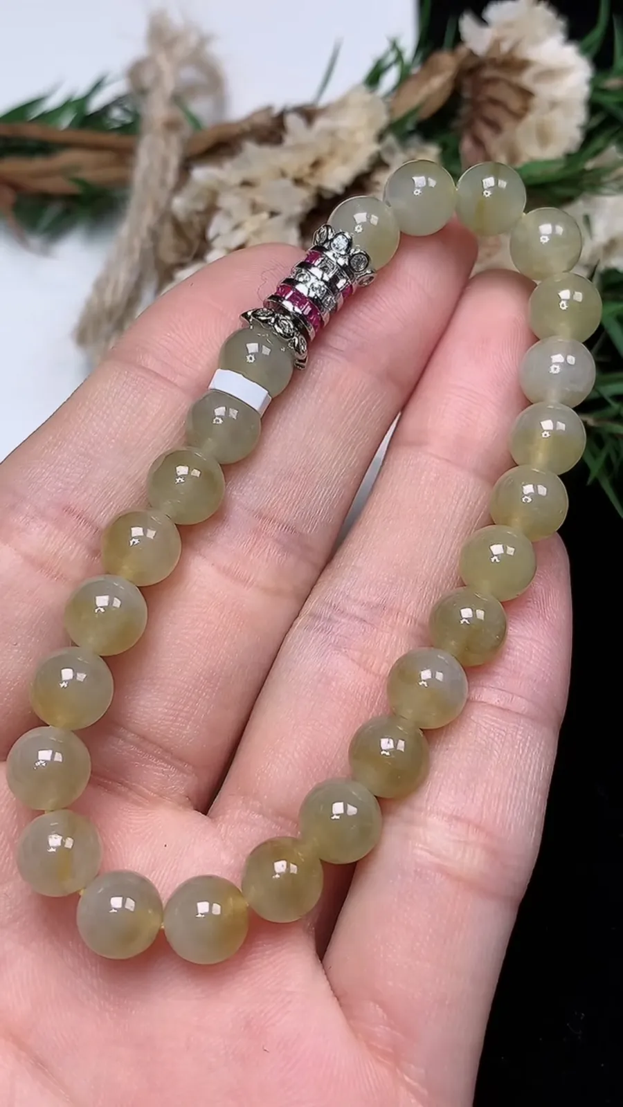 翡翠a货冰种飘黄翡圆珠手串，尺寸7-24颗，重量:16.42g