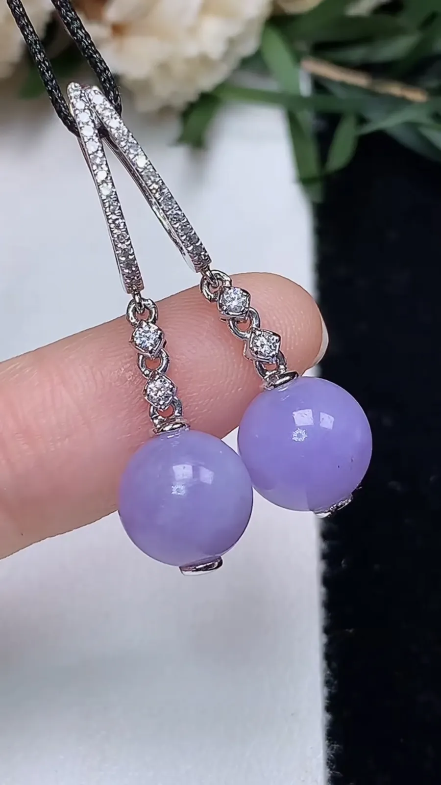 翡翠a货18k金紫罗兰圆珠耳坠，尺寸8.4，重量:3.88g