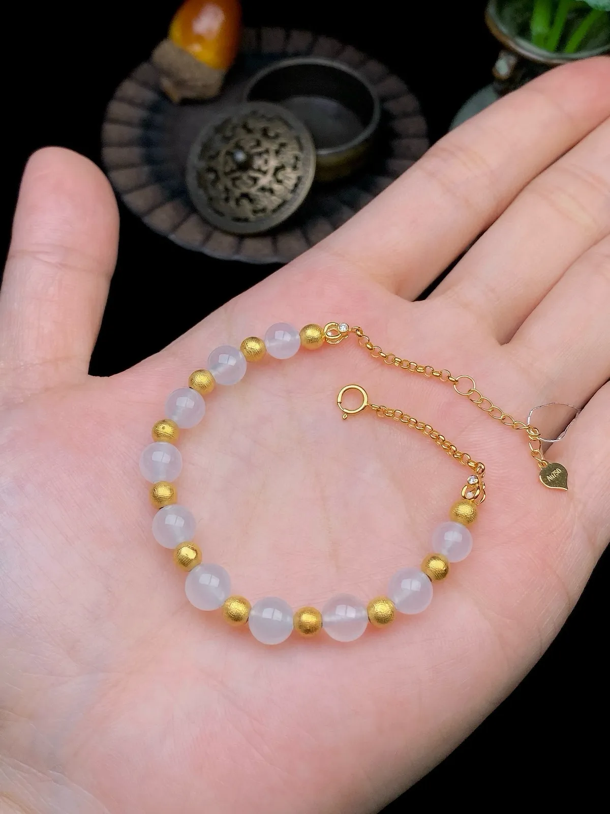 【冰种珠子手链】颗颗冰透，饱满圆润，光泽闪耀，流行款，18K金珠搭配，直径6.3毫米
