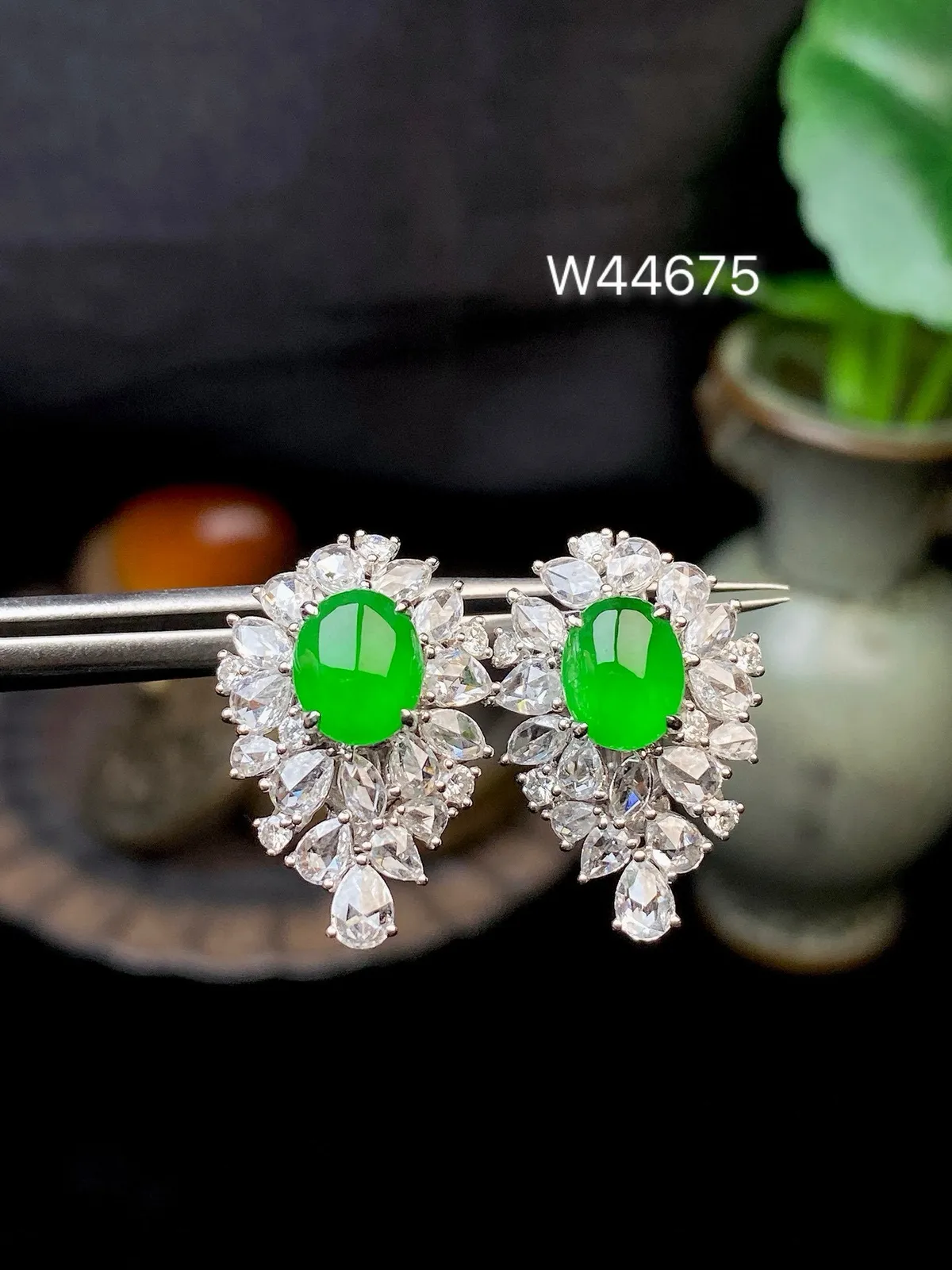 【冰种满绿蛋耳钉】种水上乘，阳绿色泽，纯净通透，收藏品质，18k金钻豪华镶嵌，裸石尺寸7.1*5.7