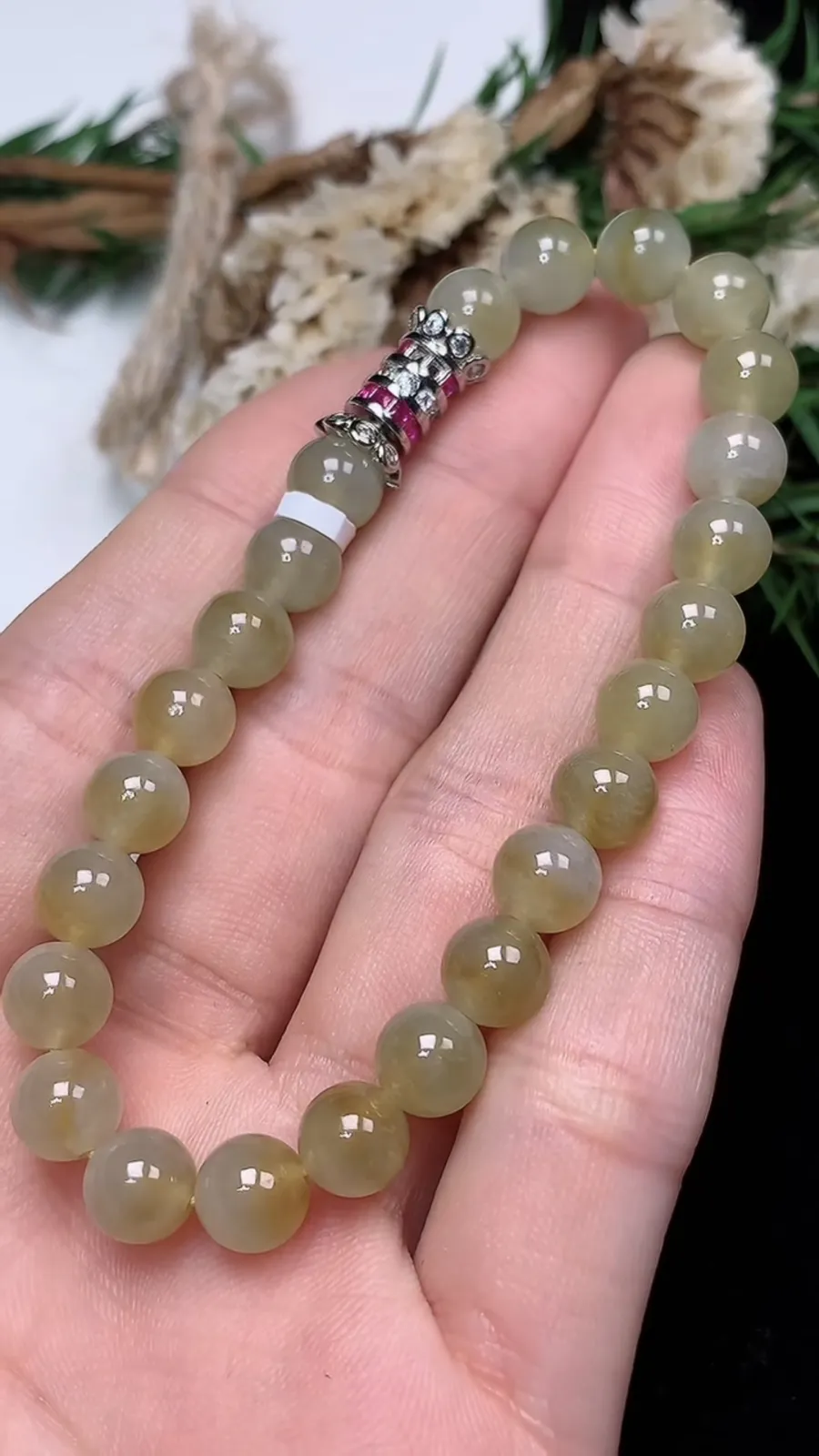 翡翠a货冰种飘黄翡圆珠手串，尺寸7-24颗，重量:16.42g