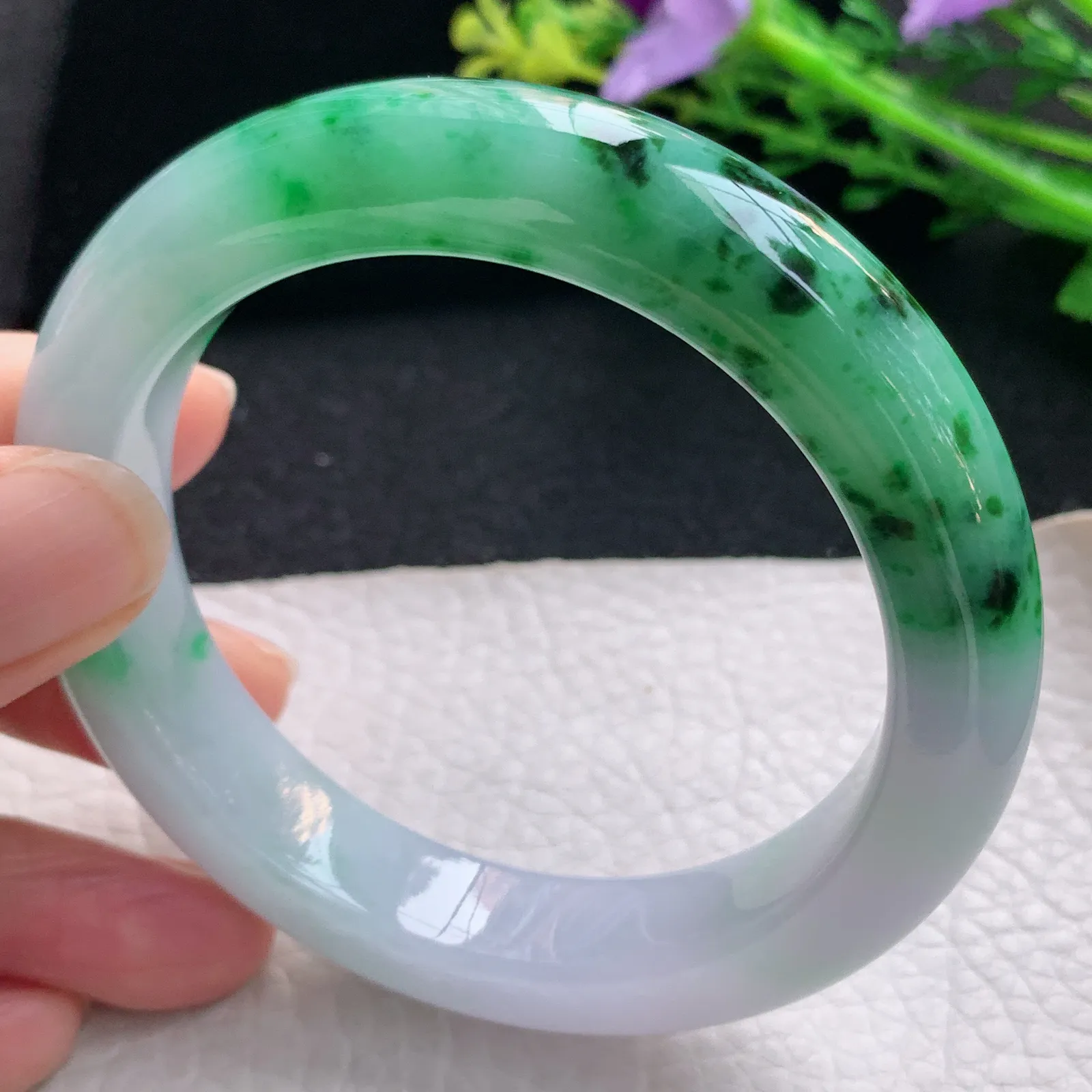 ss自然光57.5*12.8*9.8平安镯 翡翠a货玉手镯双彩厚装宽边珠宝玉手环