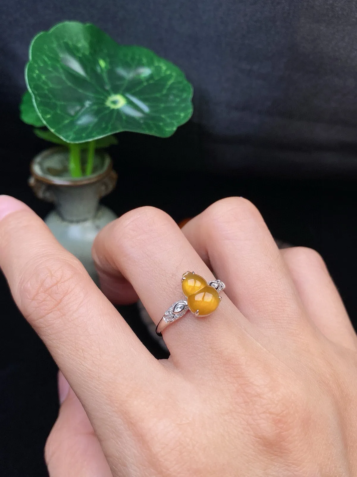 【冰种黄葫芦戒指】种水上乘，晶莹剔透，纯净通透，18k金钻精美镶嵌，裸石尺寸9.8*6.8*2.8毫米，圈口可改