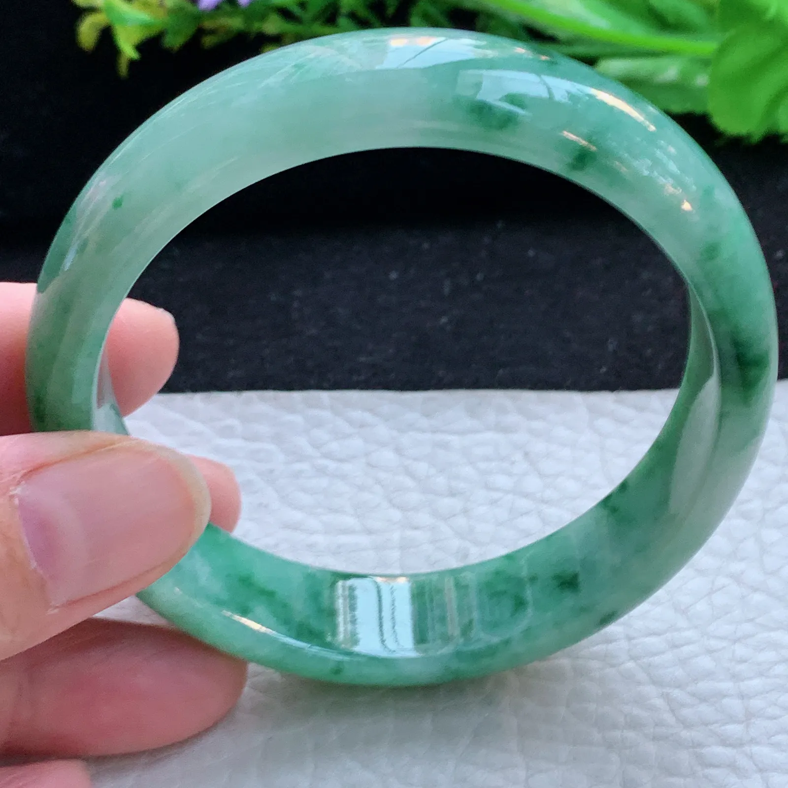 Hh自然光58.8*14.8*7平安镯 天然缅甸翡翠满绿飘绿花宽边珠宝玉手镯