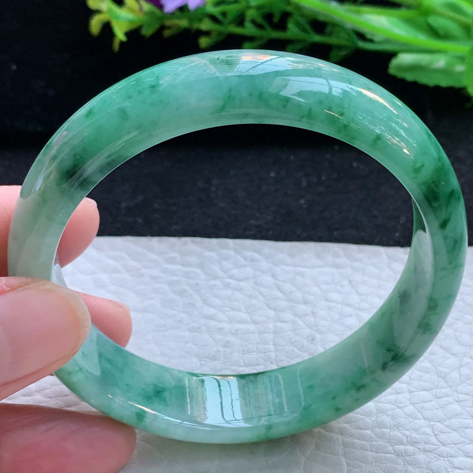Hh自然光58.8*14.8*7平安镯 天然缅甸翡翠满绿飘绿花宽边珠宝玉手镯