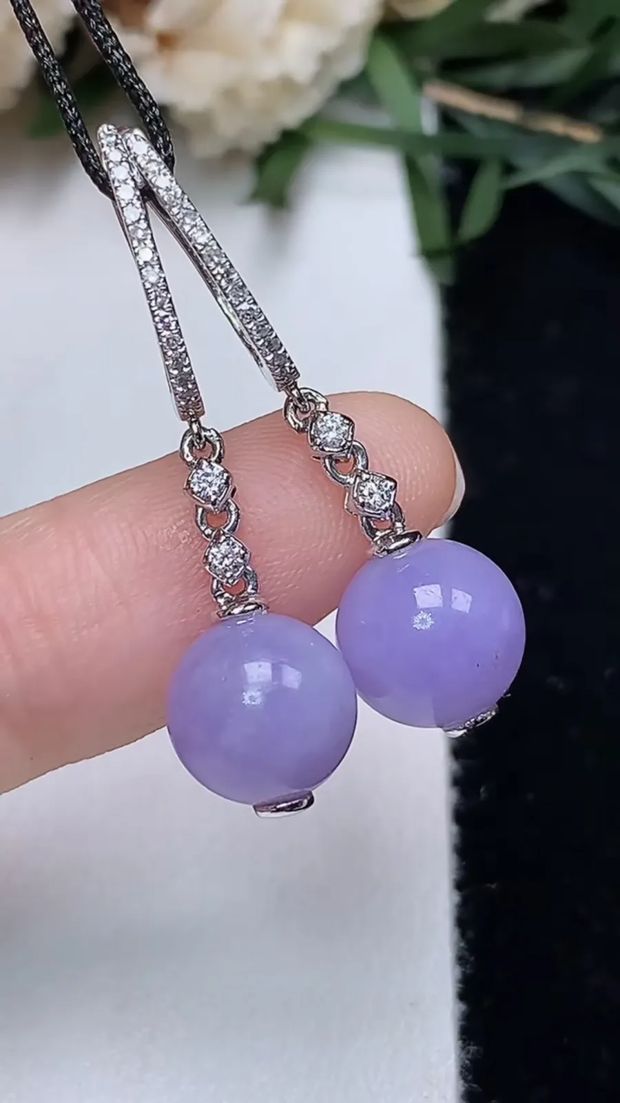 翡翠a货18k金紫罗兰圆珠耳坠，尺寸8.4，重量:3.88g