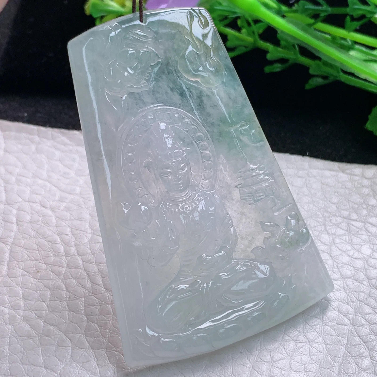 gp实拍65.5*44*5.6翡翠a货精雕冰润山水观音 玉观音玉吊坠 玉挂件