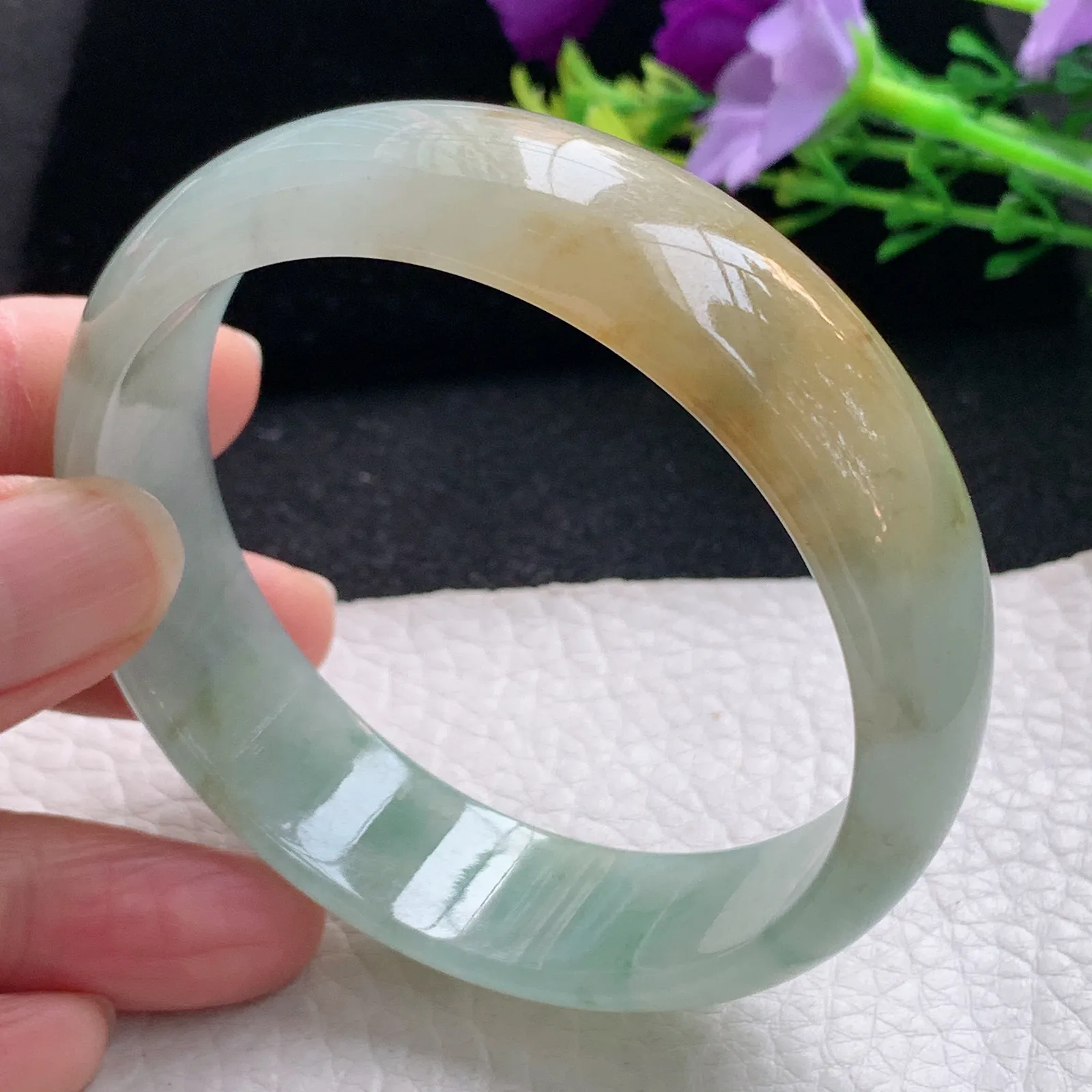 mq自然光59*16.8*6.5平安镯 缅甸翡翠冰三彩宽边珠宝玉手镯