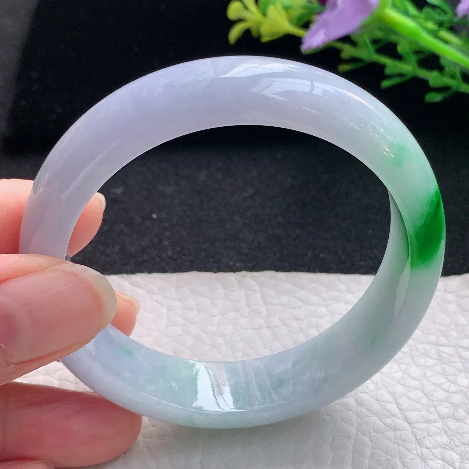 ss自然光54*14*7.2平安镯 翡翠a货玉手镯春带彩宽边珠宝玉手环