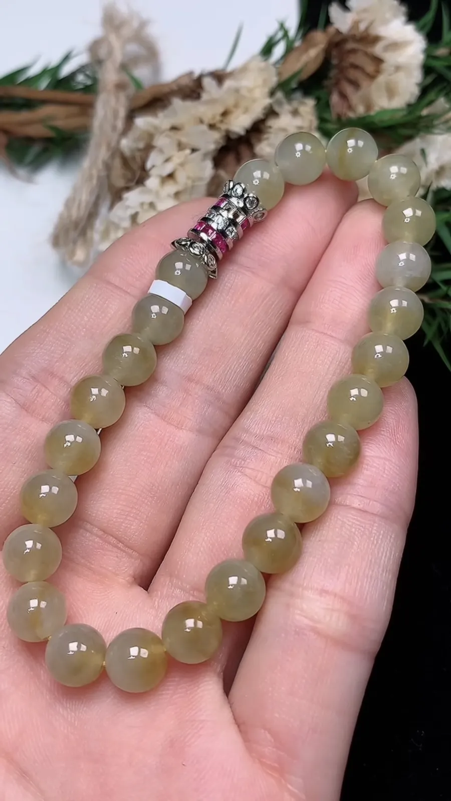 翡翠a货冰种飘黄翡圆珠手串，尺寸7-24颗，重量:16.42g