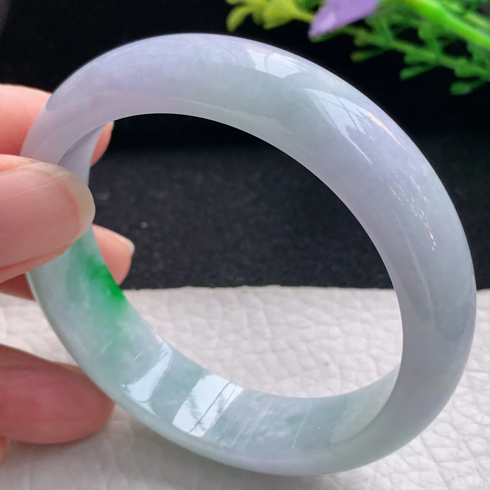 ss自然光54*14*7.2平安镯 翡翠a货玉手镯春带彩宽边珠宝玉手环