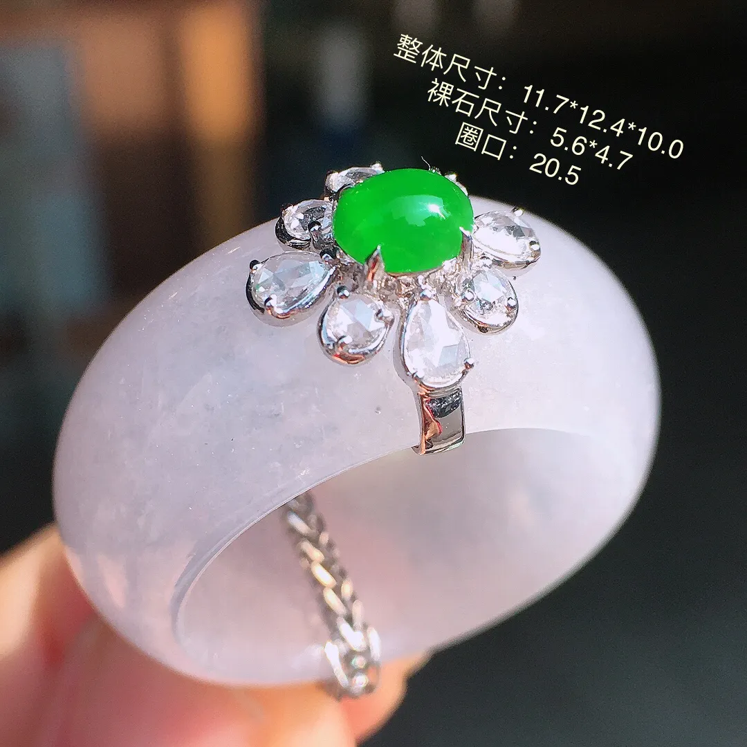 冰种指环，色泽均匀艳丽，玉质细腻，荧光感超
强，饱满圆润，尽显优雅气质，18k
金豪华镶嵌